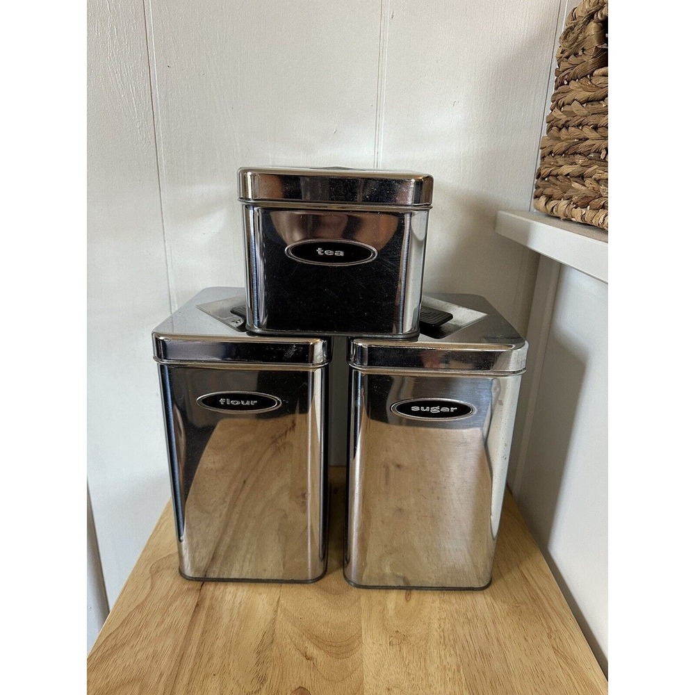 Vintage Masterware Chrome Kitchen Canisters Set Of 3 MCM READ